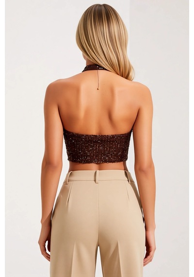 Benerly Kadın Bluz Crop Kare Yaka Kolsuz Bedene Oturan Örme Payet Dokuma Kahverengi Benerly Kadın Bluz Crop Kare Yaka Kolsuz Bedene Oturan Örme Payet Dokuma Kahverengi