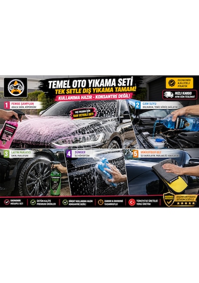 Akgüneş Motogaraj Temel Oto Yıkama Seti 5'li 1 Lt Kullanıma Hazır Pembe Araç Şampuanı + 1 Lt Cam Suyu + 1 Lt Lastik Parlatıcı + Mikrofiber Bez + Sünger Yerli Üretim Ekonomik Araç Bakım Seti