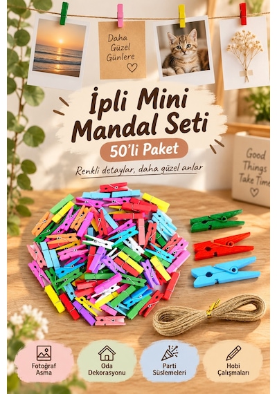 İpli Mini Mandal Seti - 50 Li Paket - Karışık Renkli Set Çok Renkli