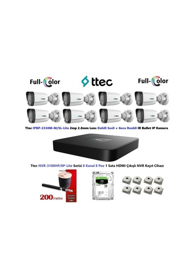 2mp Dahili Sesli Ve Gece Renkli 8 Kameralı 500gb Disk Tak Çalıştır Hazır Ip Kamera Seti