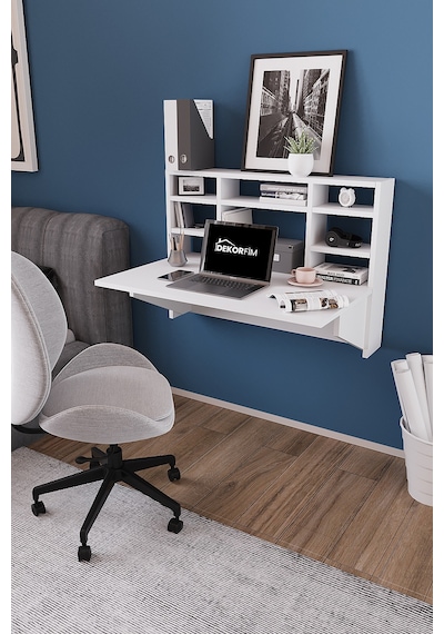 Df01104cm Duvara Monte Katlanır Çalışma Masası Raflı Duvar Masası, Minimal Tasarım Beyaz