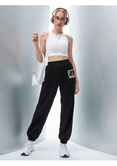Qutie Letter Graphic Elastic Waist 4 Mevsim Eşofman Siyah