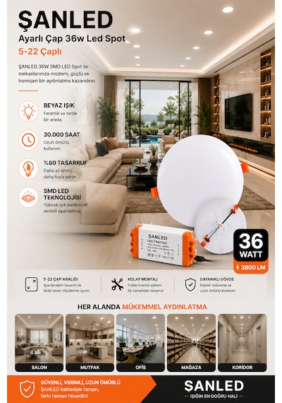 36w Ayarlı Çap Tasarruflu Led Yuvarlak Beyaz Işık Sıva Altı Slim Spot Aydınlatma Armatürü-1 Adettir