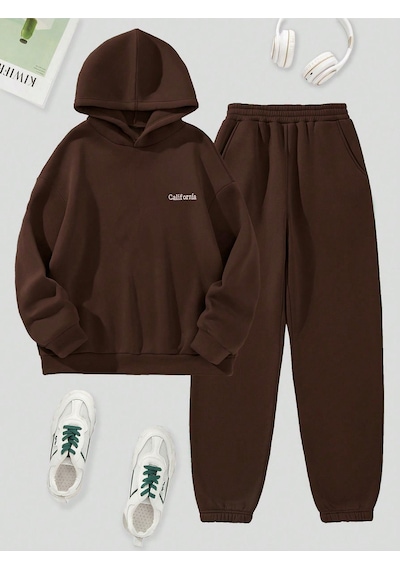 California Yazılı Eşofman Takımı Sweatshirt Jogger - Kahverengi Baskılı Oversize Şardonlu Kapüşonlu Kahverengi