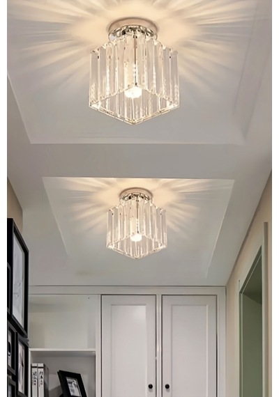 Meriva Model Modern Luxury Plafonyer Oda Hol Antre Koridor Salon Krom Kare Kristal Taşlı Avize Krom