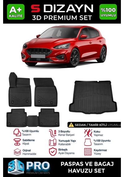 S-dizayn Ford Focus 4 Sedan 3d Pro Havuzlu Paspas Ve Bagaj Havuzu Seti 2'li Set Tamir Kitli 2019 Ü