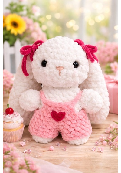 Amigurumi Kadife Örgü Küçük Boy Oyuncak Tavşan Beyaz Boy 8 CM En 6 CM Kulak 5 CM