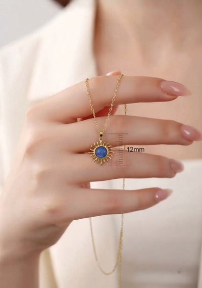 Gümüş Opal Taşlı Mini Güneş Kolye - 925 Ayar Gümüş Gold