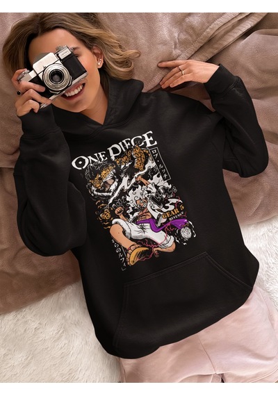 Sevbano One Piece Gear 5 Revenge Baskılı Unisex Oversize Monkey D. Luffy Siyah