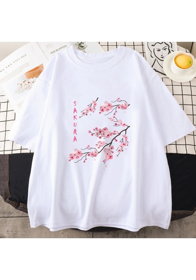 Startmore Beyaz Sakura Kiraz Çiçeği Komik Güzel Baskı Tee Gömle Beyaz