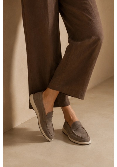 Sovenso Suede Hakiki Deri Gri Süet Loafer
