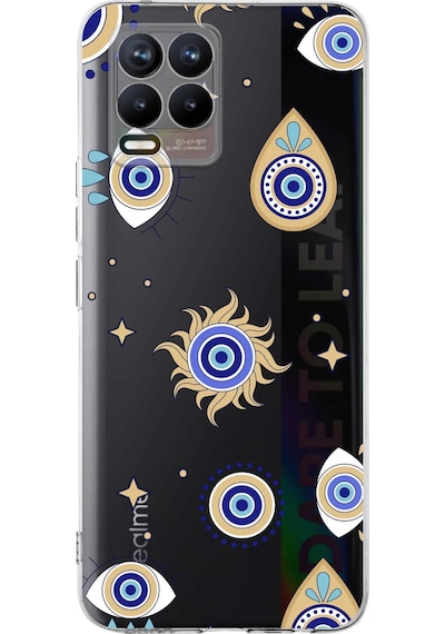 Realme 8 İle Uyumlu 1mm Slim Fit Nazar Boncuğu 5 Baskılı Şeffaf Kılıf