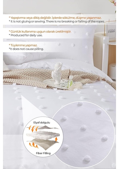 Evlen Home Pamuklu Emmy Yatak Örtüsü Seti Günlük Tek Kişilik Boho 2 Parça Dolgulu Tufting Beyaz Beyaz