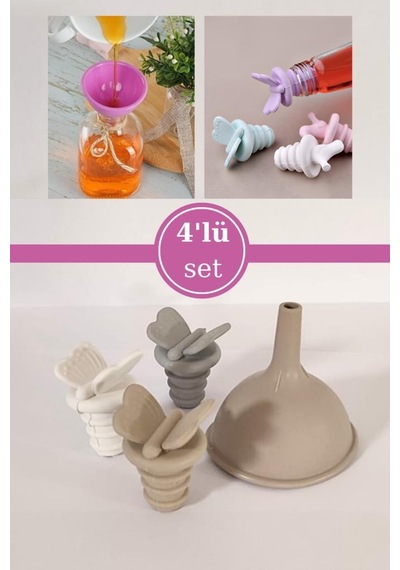 Flosoft 3 Adet Silikon Yağdanlık Şişe Tıpası Ve 1 Adet Mini Huni, Pratik Yağdanlık 4 Lü Set