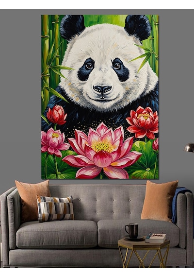 Karizma Tablo Nilüfer Çiçeğinde Panda Ayı Dekoratif Kanvas - Mdf Ahşap Tablo