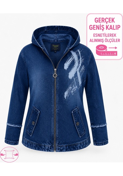 Büyük Beden Kapüşonlu Fermuarlı Baskılı Yan Cepli Denim Kadın Ceket Mavi