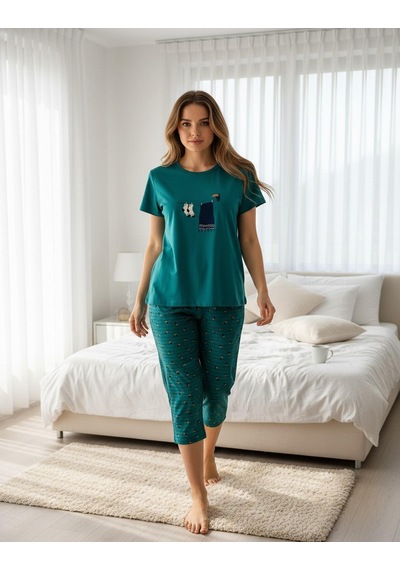 Mihra Kadın %100 Pamuk Bisiklet Yaka Kısa Kol Kapri Pijama Takımı 90787p - 1 Adet Petrol