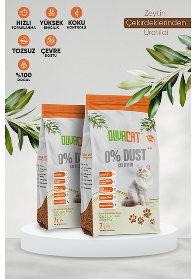 Olivacat Zeytin Çekirdeğinden Üretilen Doğal Tozsuz Kedi Kumu 2 x 7 L