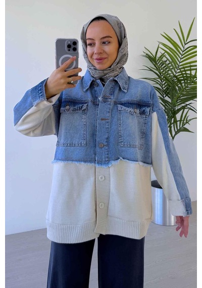 Ka Hijab Jean Detaylı Düğmeli Triko Hırka Mavi