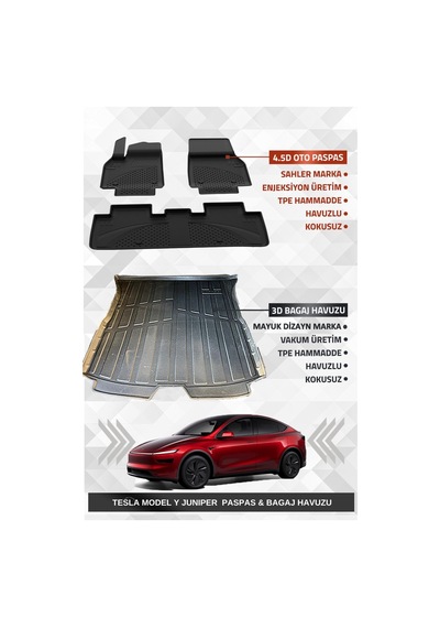 Sahler Tesla Model Y Juniper 2025+ Uyumlu 4.5d Premium Havuzlu Oto Paspas Ve Myk Marka 3d Bagaj Havuzu