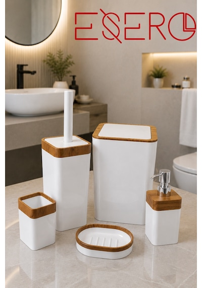 Dante 340 Ahşap Beyaz 5 Parça Lüks Banyo Seti Ahşap Desenli Çöp Kovası Wc Fırçası Sıvı Sabunluk Diş Fırçalık Sabunluk