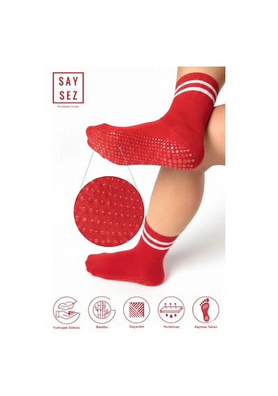 Saysez Bambu Kadın Kaydırmaz Taban Silikon Baskı Pilates Yoga Fitness Bale Dans Aktivite Tenis Çorabı 3'lü Kırmızı