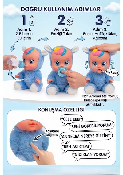 Konuşan Ve Gözyaşı Döken Kolları Ve Kafası Et Bebek Peluş Tulumlu 28 Cm Ağlayan Oyuncak Bebek Mavi