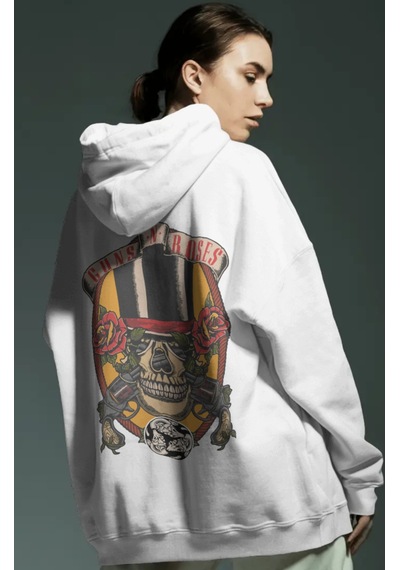 Sevbano Guns N' Roses Rock Metal Müzik Grubu Sırt Baskılı Unisex Oversize beyaz