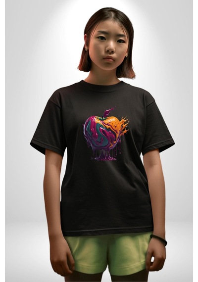 Yağlı Boya Elma Pamuklu Bisiklet Yaka Unisex Oversize Boyfriend Dijital Baskılı Siyah T-shirt Siyah