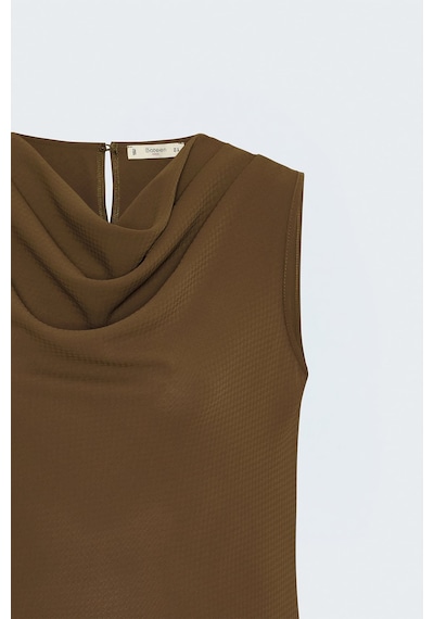 Sateen Desenli Degaje Yaka Bluz - Kahve-137892