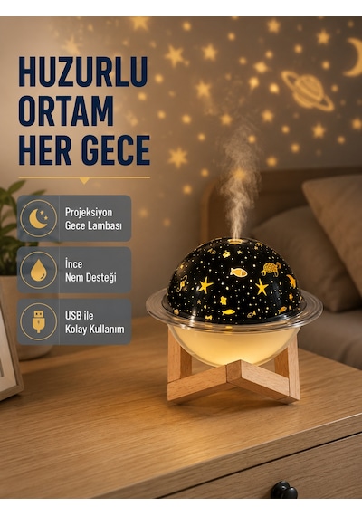 Aromaterapili Usb Hava Nemlendirici Projeksiyon Işıklı, Sessiz Ve Şık Tasarım Çr