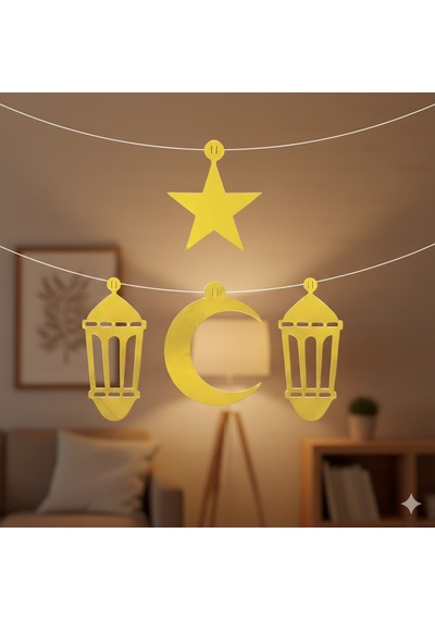 Ramazan Dekorasyon Süs Seti 4 Parça Gold Varaklı Asmalı Duvar Süsü