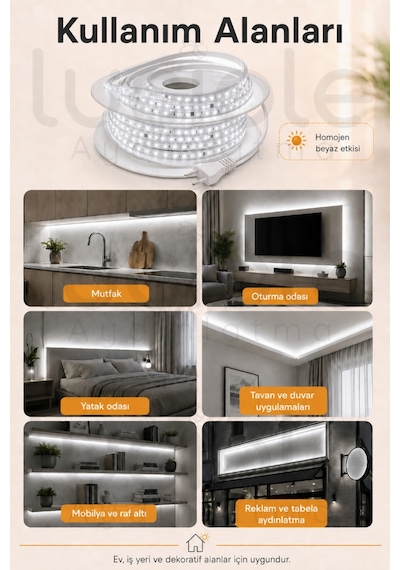 12 Metre 220v Beyaz Şerit Led Hazır Fişli Tak Çalıştır Silikonlu Yapışkanlı