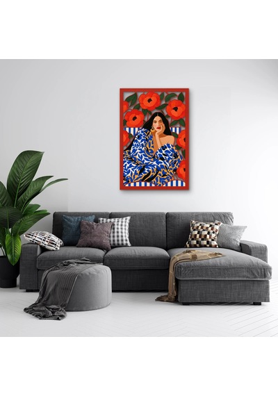 Gelincikler Ve Desenli Elbiseli Kadın Metal Tablo 34x50 Cm Çok Renkli