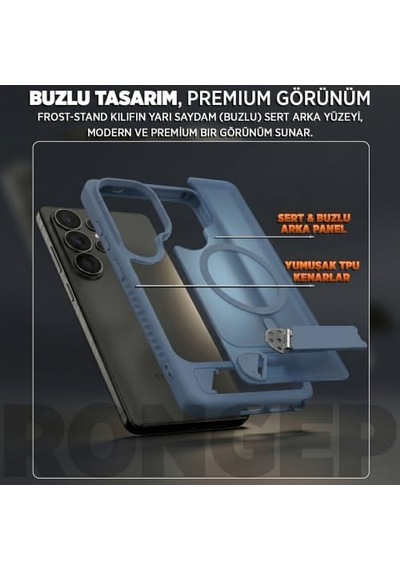 Galaxy S26 Ultra İçin Kılıf Yatay Stantlı Manyetik S26 Ultra Koruyucu Darbeye Dayanıklı Arkası Sert Ve Yarı Saydam S26 Ultra Kılıf Mavi 50 x 22