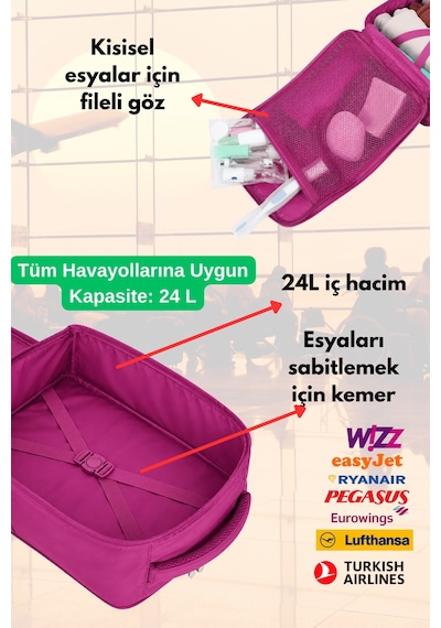 Jet Turtle Seyahat Sırt Çantası 40cm 40x25x15 Cm Pegasus, Wizz Air, Ryanair, El Valizi Koltuk Altı Valizi Koyu Pembe