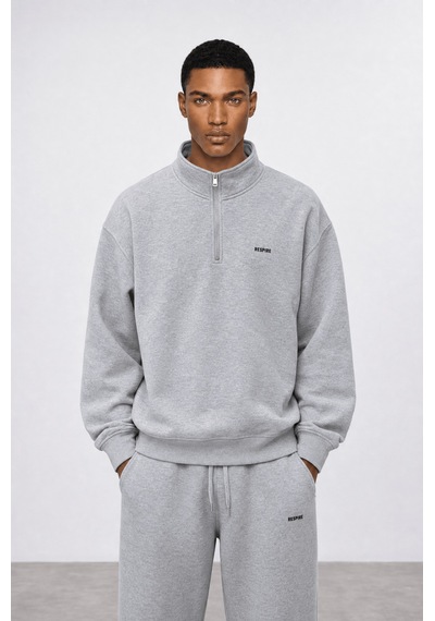Erkek Respire Basic Half Zip Oversize Sweatshirt Gri Melanj