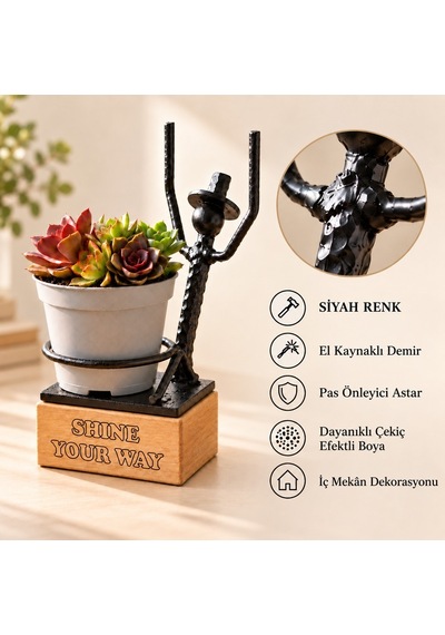 Kişiye Özel Sukulent Saksı Standı – Saksının Yanında Dinlenen Metal Heykel SPH010