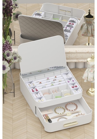 Makri Home Şık Ve Fonksiyonel Aynalı Takı Organizeri, Çekmeceli, Otomatik Açılır Aynalı Tasarım 22x20x8 Cm Beyaz