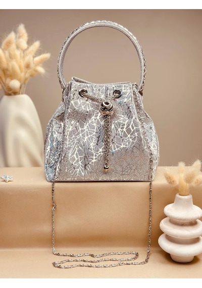 Elora Atelier Taş Detaylı Büzgülü Buz Gümüş Çanta Çok Renkli