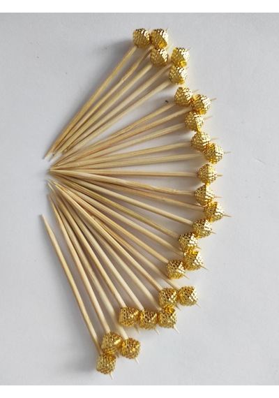 100 Adet Dekoratif Gold Böğürtlen Boncuklu Pasta Kürdanı Lokumluk 6,5 Cm - Boncuk 8 Mm
