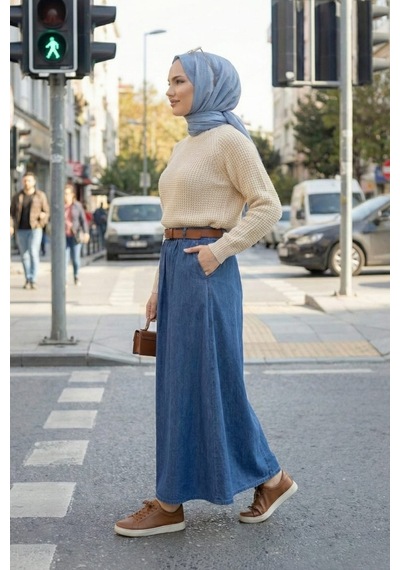 Hb Harma Time Butik Kadın Koyu Kot Mavi Kemerli Etek Koyu Mavi