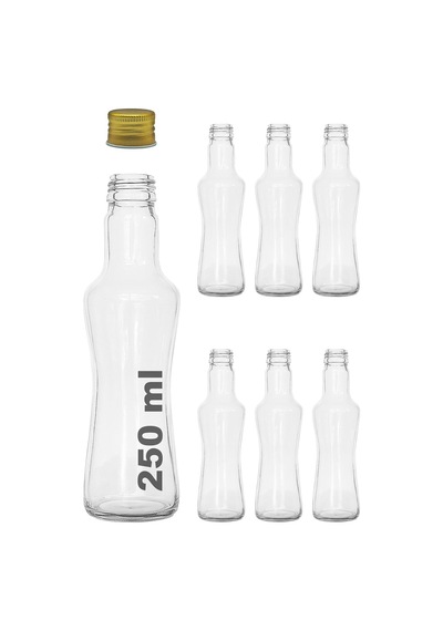 250 Ml Şeffaf İnce Belli Kapaklı Cam Şişe 250 Cc Meşrubat Şişesi 6 Adet Altın Kapak Çok Renkli