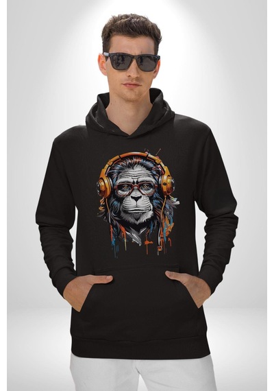 Kulaklık Maymun Müzik Dinliyor Kadın Erkek Siyah Kapüşonlu Sweatshirt Hoodie Siyah Kulaklık Maymun Müzik Dinliyor Kadın Erkek Siyah Kapüşonlu Sweatshirt Hoodie Siyah
