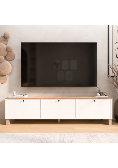 Robin Home Alaska Tv Ünitesi Sehpası 3 Kapaklı Ahşap Ayaklı 180cm Sepet-beyaz Beyaz