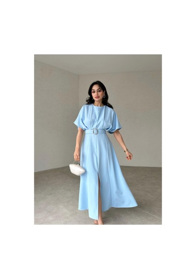 Afiş Butik Kemer Detaylı Yırtmaçlı Piliseli Midi Elbise Bebe Mavisi Bebe Mavisi