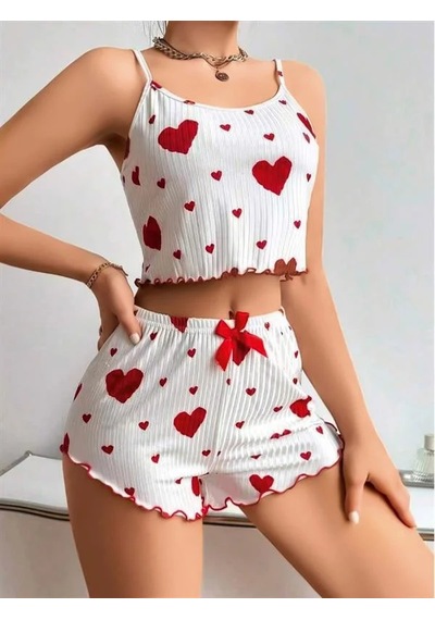 Atyticaret Kadın Pamuklu Beyaz Üstüne Kırmızı Desenli Askılı Şortlu Pijama Takımı