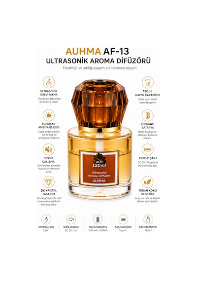 Auhma Af-13 120ml Şarjlı Ultrasonik Araç Koku Difüzörü Sarı Ambiyans Işıklı Ebony Esans Aroma Yayıcı