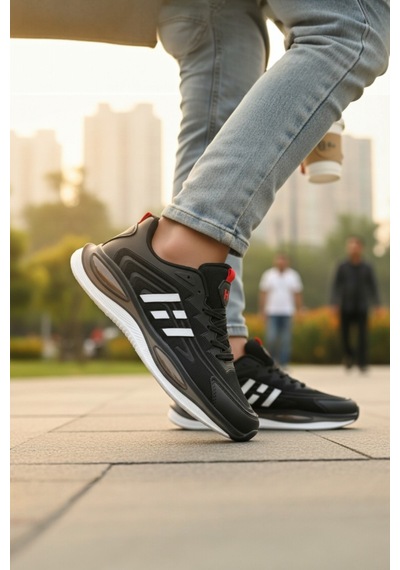 Enoch Erkek Siyah Beyaz Çizgili Sportif Yürüyüş Ayakkabısı - Ortopedik Destekli Sneaker Siyah - Kırmızı