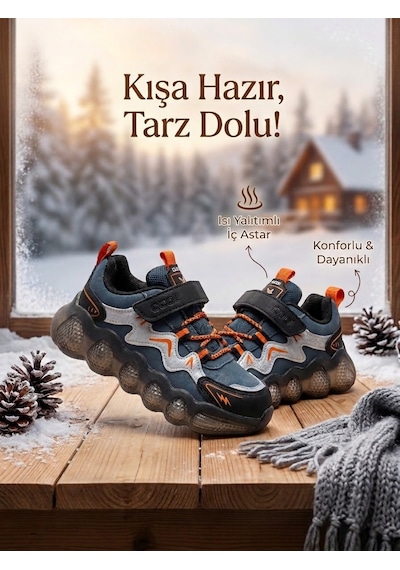 Cool Kids Erkek Çocuk Kışlık Su Geçirmez Kaydırmaz Hafif Air Taban Rahat Deri Spor Ayakkabı Petrol